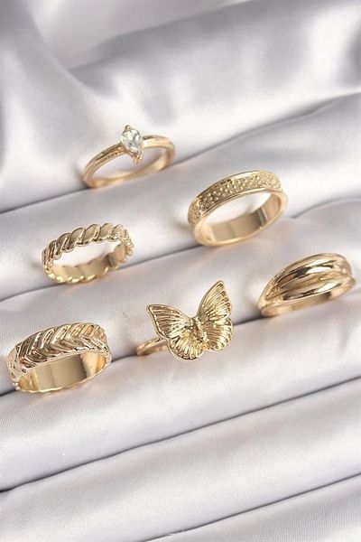 Clariss Brass Gold Color Zircon Stone Engraving Detailed Butterfly Figured 6-Piece Women's Ring Set