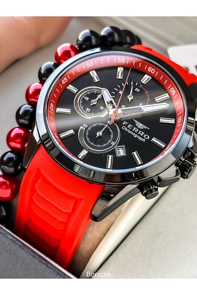 FERRO Men's Watch, Silicone Cord in Stylish Box, Active Functions, Red Color, Bracelet with Calendar as a Gift