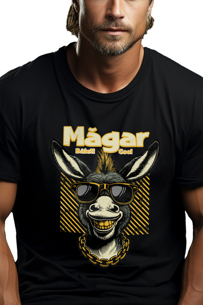 StoryGift Romania Tricou Barbati Magar Cu Colier De Aur Si Dinti De Aur Baiet...