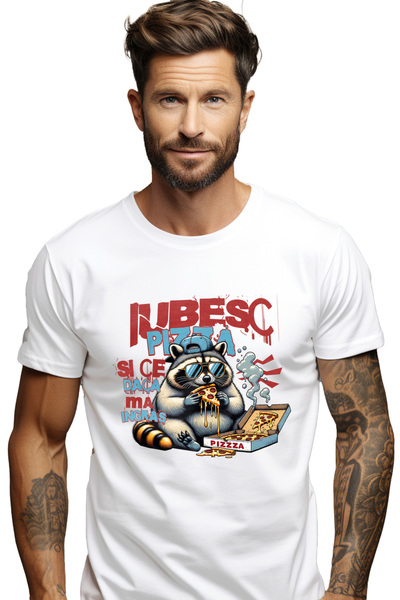 StoryGift Romania Tricou Barbati Pisica Ce Iubeste Pizza, Mesaj Haios Si Ce D...