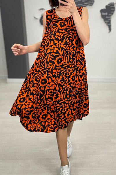 AYASOFYA OTANTIK Rochie midi fără mâneci cu model etnic negru portocaliu de damă