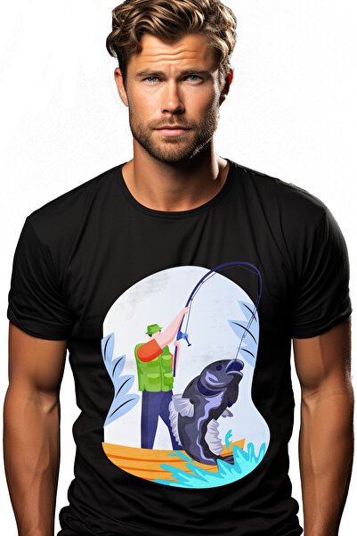 StoryGift Romania Tricou Barbati Cu Peste, Pescuit, Lanseta, Barca, Cu Imprim...