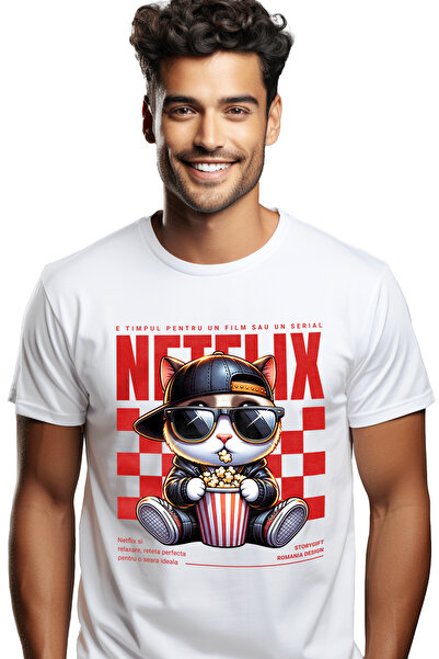 StoryGift Romania Tricou Barbati Netflix - Pisica Cool Cu Popcorn, Serial Sau...