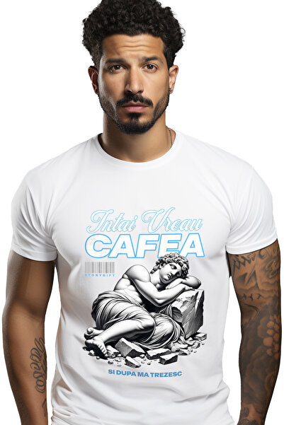 StoryGift Romania Men's T-Shirt First I Want Coffee and Then I Wake Up with P...