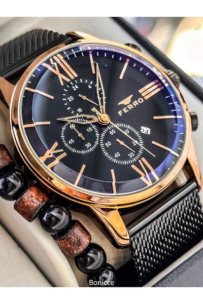 FERRO Men's Watch, Active Functions, Black Color, Calendar, Bracelet Gift in Gift Box