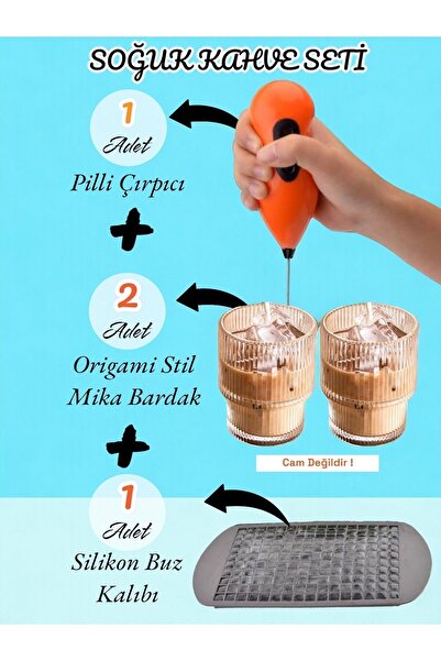 Dem Home Soğuk Kahve Çırpıcı - Pilli Çırpıcı + 2 Origami Stil Bardak + Siliko...