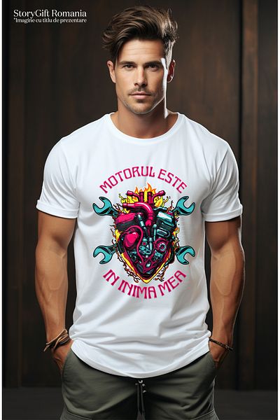 StoryGift Romania Tricou Barbati Motorul Este In Inima Mea Viteza Masini Iubitorii De Mecanica Cu Imprimeu Pstg
