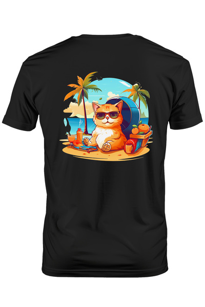 StoryGift Romania Tricou Barbati Cu O Pisica La Mare, Ilustratie, Relaxare, A...