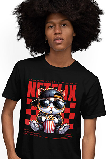 StoryGift Romania Tricou Barbati Netflix - Pisica Cool Cu Popcorn, Serial Sau...