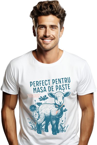 StoryGift Romania Tricou Barbati Perfect Pentru Masa De Paste Miel Cu Funda Familie Cu Imprimeu Pe Fata, 100stg