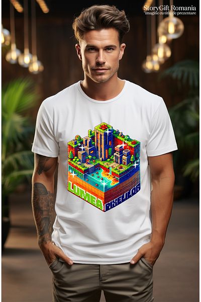 StoryGift Romania Tricou Barbati Joc Video Bun Venit! Lumea Pixelilor Cu Imprimeu Pe Fata, 100% Bumbac, Albstg