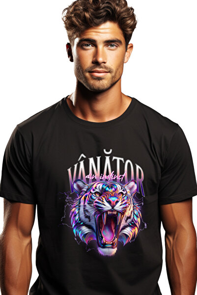StoryGift Romania Tricou Barbati Leu Furios Cu Colti Tigru Vanator Din Instin...