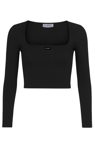 FLAST Women's Black Square Neck Long Sleeve Fit Sia Rib Organic Cotton Fabric Crop Top Blouse