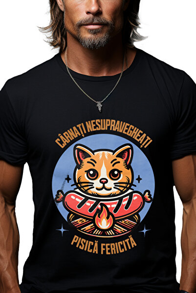 StoryGift Romania Tricou Barbati Pisica Fericita Ce Tine Un Carnacior, Gratar...