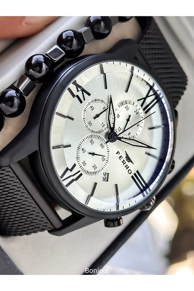 FERRO Men's Watch, Active Functions, Matte Black Color, Calendar, Bracelet Gift in Gift Box