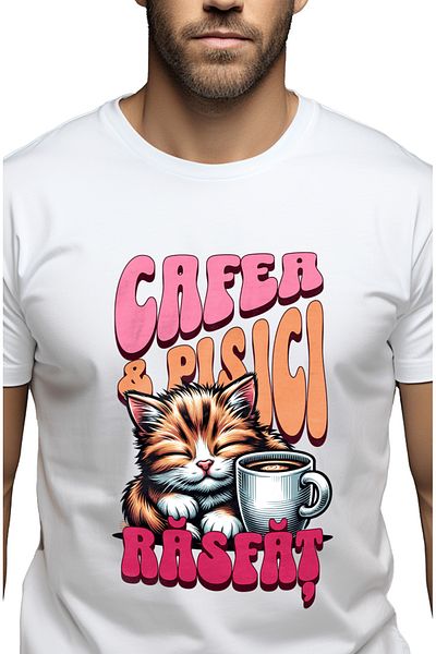 StoryGift Romania Men's T-Shirt Cat Next to Coffee Mug Pampering Animal Lover With Front Print, 1 Stg
