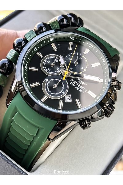 FERRO Men's Watch, Silicone Cord, Active Functions, Green Color, Calendar Bracelet Gift