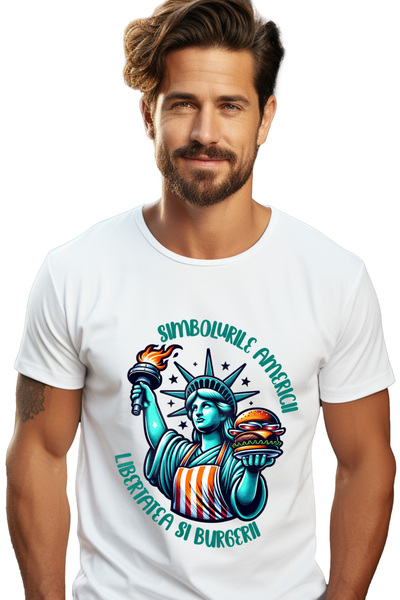 StoryGift Romania Tricou Barbati Statuia Libertatii Text Haios Fast Food Simb...
