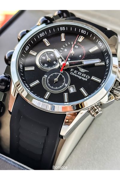FERRO Men's Watch, Silicone Cord, Active Functions, Black Color, Calendar Bracelet Gift