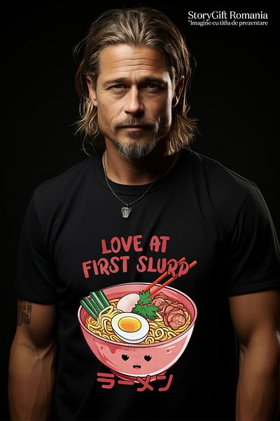StoryGift Romania Tricou Barbati Cu Mesajul "love At First Slurp", Ilustratie, Mancare, Supa, Japonia, Lingu Stg