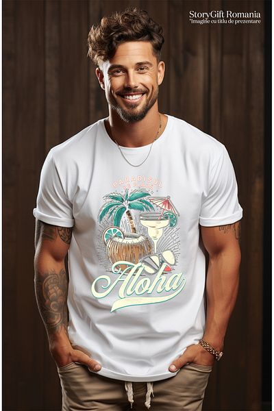StoryGift Romania Tricou Barbati Paradisul Pe Plaja Nuca De Cocos Cocktail Aloha Cu Imprimeu Pe Fata, 100% Stg