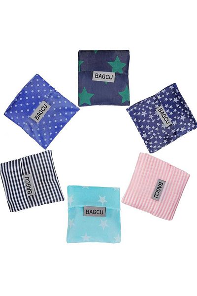RM 6 Pcs Foldable Grocery Market Beach Pocket Carry Bag Shopping Washable Eco-Friendly Polyester