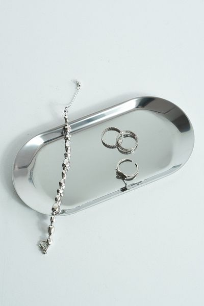 Beige & Stone Decorative Silver Small Oval Jewelry Organizer and Presentation Tray