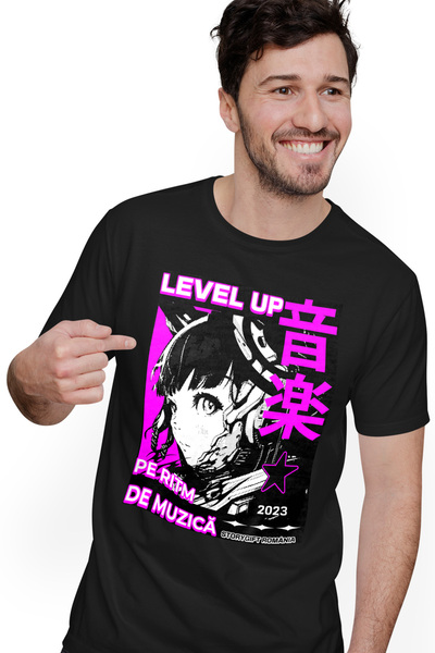 StoryGift Romania Tricou Barbati Level Up Pe Ritm De Muzica Fata Stil Anime J...
