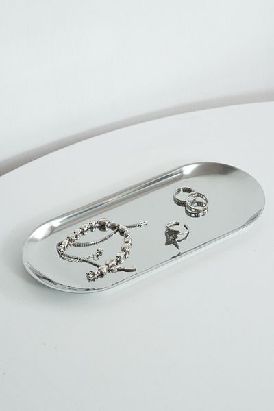 Beige & Stone Decorative Silver Large Oval Jewelry Organizer and Presentation Tray