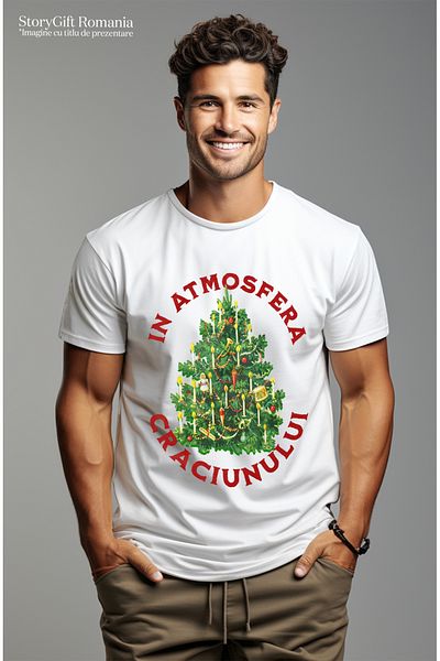 StoryGift Romania Tricou Barbati In Atmosfera Craciunului Brad Cadouri Sarbatoare Cu Imprimeu Pe Fata, 100% Stg