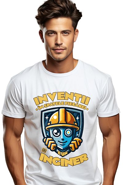 StoryGift Romania Tricou Barbati Om Cu Casca De Protectie Text In Spatele Fiecarei Inventii, E Un Inginer Custg