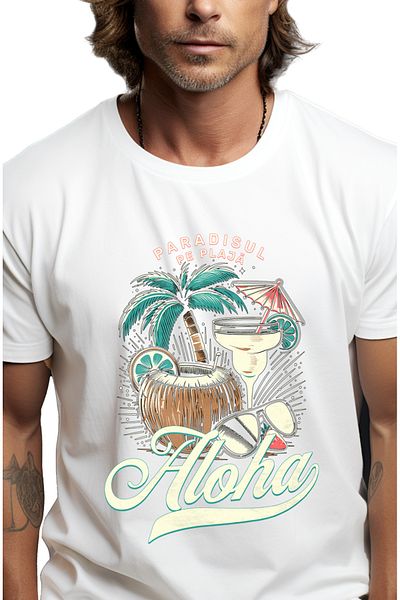 StoryGift Romania Tricou Barbati Paradisul Pe Plaja Nuca De Cocos Cocktail Aloha Cu Imprimeu Pe Fata, 100% Stg