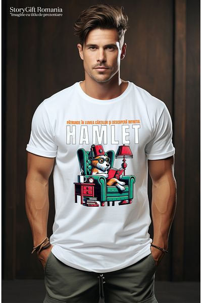StoryGift Romania Tricou Barbati Hamlet Caine Citind Carti Iubitorr De Lectura Cu Imprimeu Pe Fata, 100% Bumstg