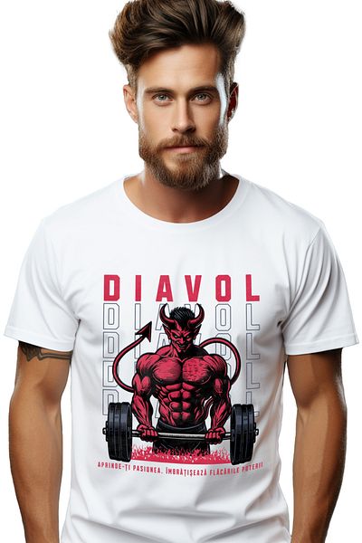 StoryGift Romania Men's T-shirt Devil lifting weights. Ignite your passion. Bodybuilding with print on