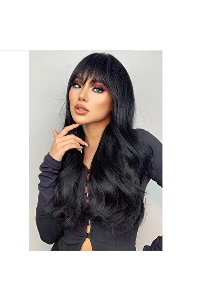 animis beauty Peruca lunga Neagra, cu breton, fibra sintetica cu aspect natural, par lung ondulat, 65 cm