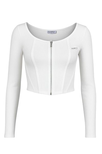FLAST Women's Blue Zippered Long Sleeve Klei Ribbed Organic Cotton Fabric Crop Top Blouse