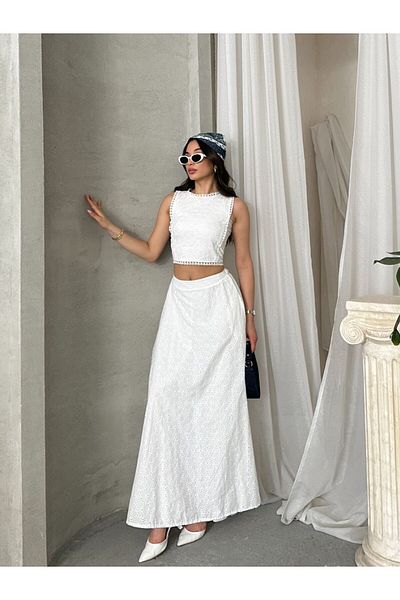 Viskosa Brode Double Set – Crop Top and High Waist Maxi Skirt Summer Combination"
