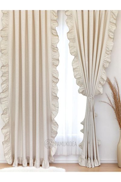 pamukidea 100% Cotton Natural Buldan Linen Curtain with Ruffles on Three Sides - Single Wing - (En X Size)