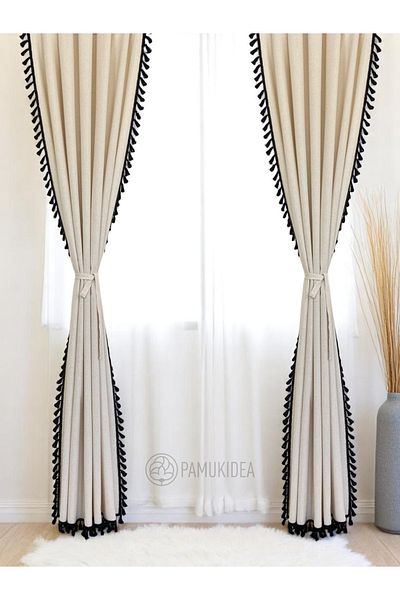 pamukidea Μαύρο Pompom - Φούντες 100% βαμβακερή λινό κουρτίνα - Μονό φτερό - (Εύρος X Μήκος)