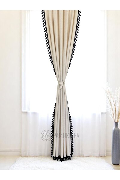 pamukidea Μαύρο Pompom - Φούντες 100% βαμβακερή λινό κουρτίνα - Μονό φτερό - (Εύρος X Μήκος)
