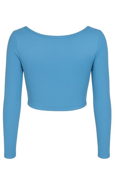 FLAST Women's Blue Zippered Long Sleeve Klei Ribbed Organic Cotton Fabric Crop Top Blouse