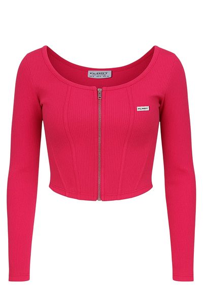 FLAST Women's Blue Zippered Long Sleeve Klei Ribbed Organic Cotton Fabric Crop Top Blouse