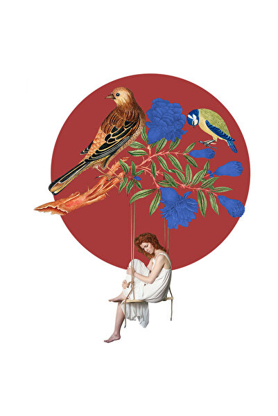 StoryGift Romania Sticker Autocolant 70CM Cu Arta Abstracta, Femeie, Pasari, Leagan, Rochie, Creanga, cu Margin