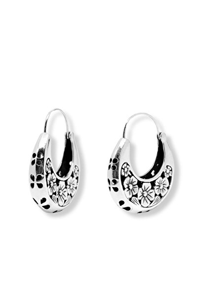 oya silver Çiçek Desenli Gümüş Bohça Halka Küpe 3x4 CM - Otantik El İşçiliği