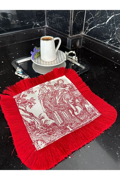 Karam Home Coffee Side Presentation Napkin, French Peasant Printed Napkin with Red Tassel, Cocktail Napkin