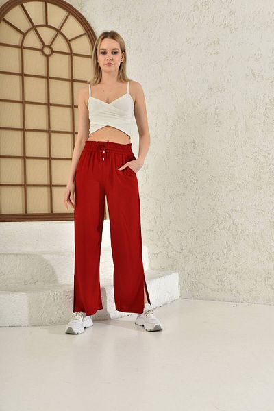 diaves original designs Women's Summer Belmando Fabric Elastic Waist Belt Detail Side Slit Red Palazzo Trousers