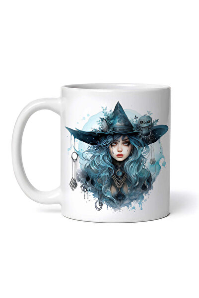 OEM Εξατομικευμένη λευκή κούπα, Μάγισσα με κρανίο σε καπέλο, INOVATIX®. 330ml