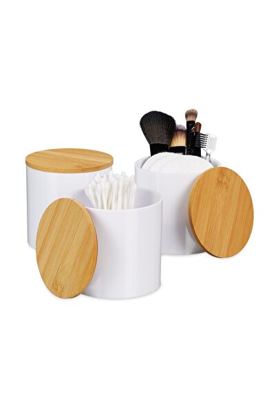 Relaxdays Set de 3 dischete demachiante, cu capace din bambus, acrilic alb/ma...