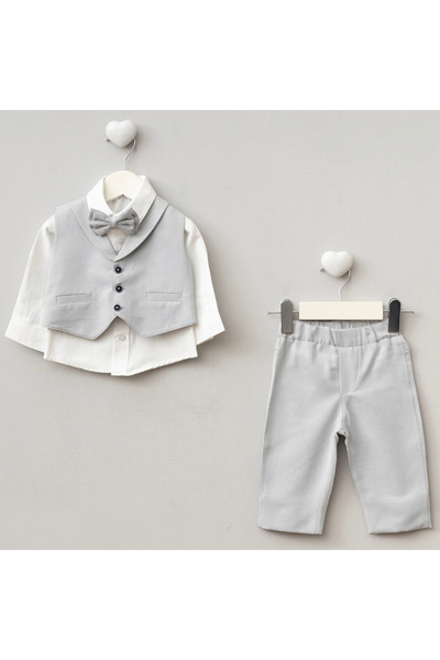 Pure Kids Store Erkek Bebek Pamuklu Papyon Yelek Gömlek Pantolon 4’lü Takım Ş...