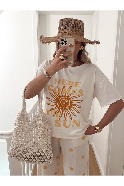 Jose Clothing White Premium Soleil Series Oversize Cut Organic Cotton Short Sleeve Printed T-Shirt